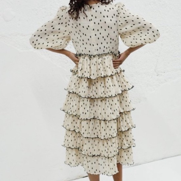 GANNI Lowell Tiered Polka Dot Plisse Beige & Black Midi Dress conservative pleat - Picture 5 of 12